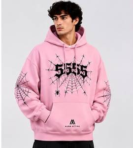 Sweat à capuche surdimensionné personnalisé rose imprimé numériquement en molleton 100 % coton avec poche kangourou Printemps - Product Image 4