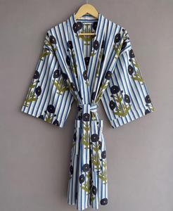 V-Neck Striped Embroidered Women's Kimono Robe <b>Three</b> Quarter Sleeve Loose Midi Dress With Belt Casual Wear Summer 100% Cotton - Product Image 1
