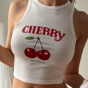 Custom Women <b>Cherry</b> Print Crop Tank <b>Top</b> White Sleeveless Ribbed Summer Casual Fitted Vest <b>Top</b> - Product Image 5