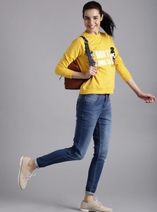 <b>Women's</b> Yellow Printed Crew Neck Sweatshirt Regular Fit Full Sleeve Knitted Cotton Autumn Wear - Product Image 5