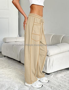 กางเกงวอร์มทรงบาร์เรลสำหรับผู้หญิง กางเกงขาบานทรงปาลาซโซ่ กางเกงลำลองรัดเชือกเอว มีกระเป๋า กางเกงลำลองใส่สบายสำหรับฤดูร้อน - Product Image 2