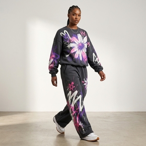 Women's Black Floral Graphic Crewneck Sweatshirt Wide Leg Pants <b>Tracksuit</b> <b>Set</b> Purple <b>Pink</b> Graffiti Streetwear Custom Apparel OEM - Product Image 3