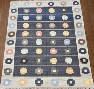 Tapis géométrique Kilim rectangulaire bleu gris blanc à franges, tissage plat en laine, tapis de sol pour salon - Product Image 1
