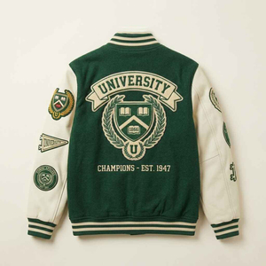 Veste universitaire pour homme en laine épaisse avec manches en cuir et patch en chenille, couleur vert et blanc, marque privée - Product Image 2