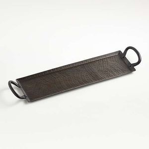 <b>Hammered</b> Dark Bronze Metal Centerpiece Tray Long Rectangular Valet Platter with <b>Loop</b> Handles - Product Image 1