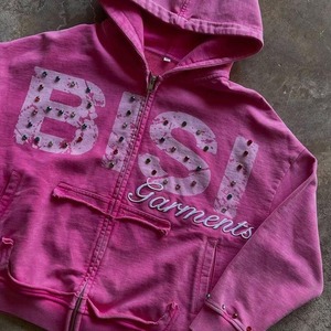 Sudadera con capucha con cremallera OEM de punto casual con estampado de ángel, de peso pesado, con lavado ácido, estilo vintage, con pedrería, para streetwear, al por mayor - Product Image 1