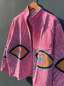 New Arrival Handcrafted Pink Velvet <b>Jacket</b> with Mystical Evil Eye Hand Embroidery and Striking Radiating Coat For Women - Product Image 2