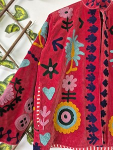 Vintage Pink <b>Velvet</b> Suzani Embroidered <b>Jacket</b> with Heart And Floral Pattern Full Sleeve Stand Collar Bohemian Winter <b>Jacket</b> - Product Image 6