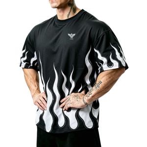 Mens Loose Flame Print <b>T</b>-<b>Shirt</b> Short Sleeve Crew Neck Black <b>White</b> Streetwear Casual Wholesale <b>Bulk</b> - Product Image 1