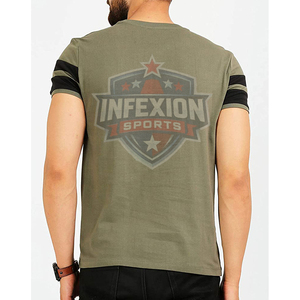 Camiseta de Manga Corta Verde Oliva para Hombre con Ribete en Contraste de Rayas Negras, Cuello Redondo, Estilo Casual, Tejido de Punto - Product Image 3