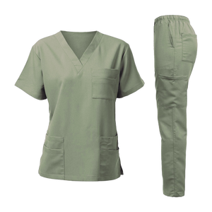 Hauts de travail unisexes pour le secteur de la santé, en coton 100% extensible et anti-humidité, avec col en V et panneaux latéraux côtelés en tissu tissé - Product Image 1