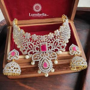 Fashion Jewelry Set American Diamond Choker Necklace Alloy with Gold Plating Oxidized Polish Casual - Product Image 1