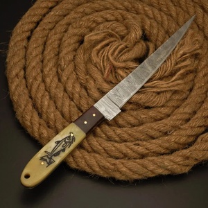 A&M EnterPrises Handmade Damascus Steel Fillet <b>Knife</b> with <b>Bone</b> <b>Handle</b> Fish Engraving and Matching Leather Sheath Hunting <b>Knives</b> - Product Image 4