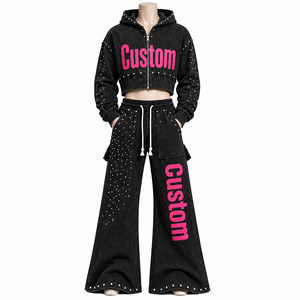 Custom Black <b>Crop</b> Hoodie With Rhinestone Studded <b>Zip</b> <b>Up</b> Tracksuit 100% Cotton Fabric Hoodie Wide Leg Trouser Two Piece Set - Product Image 2