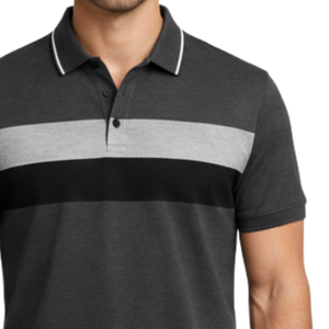 Polo Personalizado para Hombre en Gris Carbón con Franjas en Contraste en el Pecho, Manga Corta, Transpirable, Corte Atlético - Product Image 3