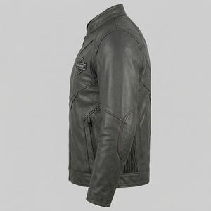 Charcoal Grey Cafe <b>Racer</b> Leather <b>Jacket</b> Minimalist Stand Collar Urban Tactical Biker Coat Custom Wholesale - Product Image 4