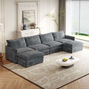 Divano a U in Tessuto Corduroy a 4 Posti, Set Comodo con Seduta Profonda, 2 Poggiapiedi Mobili, Divano Cloud Confortevole per Soggiorno - Product Image 3