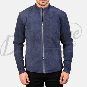 Chaqueta de cuero de gamuza azul pizarra para hombre, piel de oveja auténtica, corte ajustado, estilo casual, tipo motociclista, con cremallera, estilo bomber. - Product Image 3