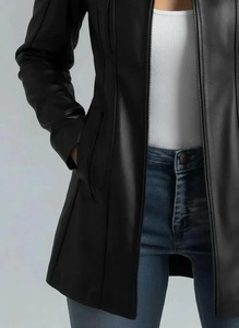 Women's Black Genuine <b>Leather</b> Blazer <b>Long</b> Lapel <b>Jacket</b> - Product Image 1