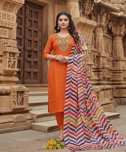 Ensemble haut, bas et dupatta en coton slub fantaisie brodé, vêtement ethnique multicolore pour femmes, séchage rapide, tenue de fête, prix de gros - Product Image 1