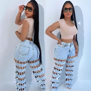 European and American Style Women's Ripped Jeans New Fashion Street Style Hollow Out High Waist Straight Pants - Product Image 4