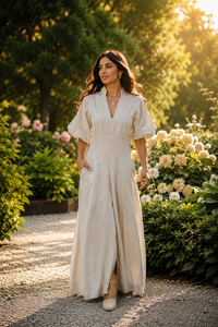 Linen <b>Dress</b> Women Summer V Neck Puff Sleeve Maxi <b>Dresses</b> Elegant Casual Pleated Waist Solid Color <b>Long</b> <b>Dress</b> With Pockets - Product Image 6