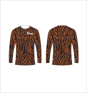 T-shirt personnalisé à manches longues sublimé, motif zèbre noir et marron, col rond, vêtements de sport performants, collection Ferocious, vente en gros - Product Image 1