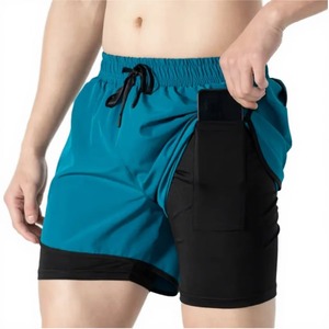Men's Teal Black Color Blocked Sport Shorts With Side Pocket Quick Dry Drawstring Waist <b>Mid</b> Length Workout Running Gym Shorts - Product Image 1