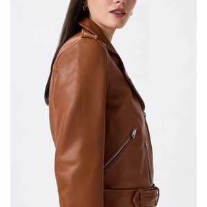 Chaqueta de Motociclista de Cuero Genuino Personalizada para Mujer, Chaqueta de Moto Marrón, Ajustada, con Cierre y Cinturón, OEM ODM - Product Image 4