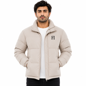 Beige Puffer Men's <b>Jackets</b> Wholesale OEM Custom Winter Lightweight Warm Polyester <b>Jacket</b> Stand Collar Zipper Casual Outerwear - Product Image 1