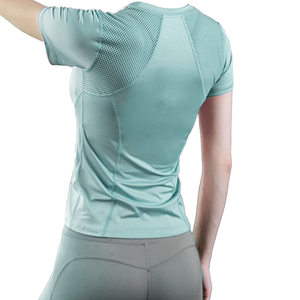 T-shirt ajusté à manches courtes pour femme, dos en mesh, anti-transpiration, vert uni, col rond, haut de sport toutes saisons - Product Image 4