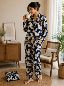 Conjunto de Pijama de Verano Ecológico con Estampado de Grullas para Mujer de Lujo |   Conjunto de Pijama de 3 Piezas de Algodón, Camisa con Botones y Pantalones Relajados a Juego - Product Image 1