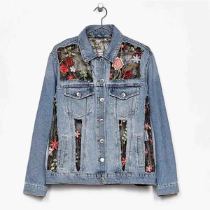 Trendy Women's Long Sleeve Floral Embroidered Pearls & Letter Breathable Cotton Denim Jeans Jacket for Winter - Product Image 1