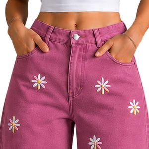 Jean en denim rose pour femme, coupe large, broderie florale, taille haute, ample, style streetwear décontracté, personnalisable OEM ODM, vente en gros - Product Image 5
