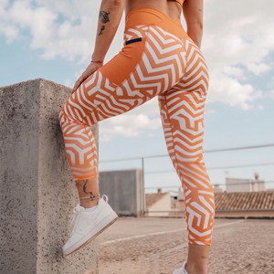 Leggings de sport taille haute orange et blanc pour femme, longueur intégrale, extensibles, séchage rapide, compression, 100 % polyester, pantalon moulant - Product Image 2