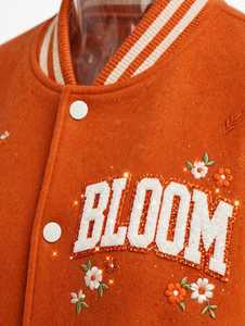 Chaqueta Varsity Naranja de Invierno para Mujer con Cuello Alto y Letras Bordadas en Chenilla con Diseño Floral - Product Image 3