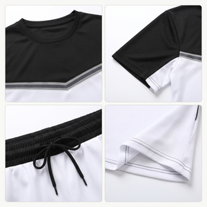 ชุดเซ็ตเสื้อยืดคอกลมแขนสั้นสีดำขาวลายบล็อกสีสำหรับผู้ชาย พร้อมกางเกงขาสั้นรูดเชือก น้ำหนักเบา กันลม ผลิตจากโพลีเอสเตอร์ 90% - Product Image 4
