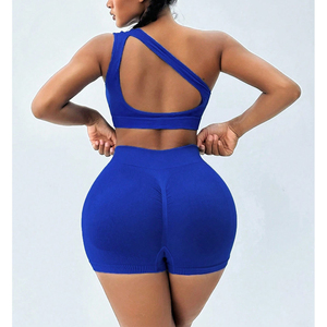<b>Blue</b> Sportswear Wholesale Gym Clothes High Impact One Shoulder <b>Bra</b> Women Yoga Sets Women Sports <b>Bra</b> and Shorts Set Sports Set - Product Image 2
