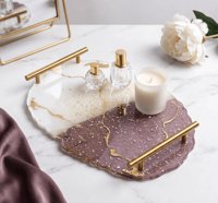 Bandeja de Resina de Lujo con Geoda Morada, Blanca y Dorada, con Asas con Vetas Doradas, Diseño Irregular Festoneado, para Perfumes y Decoración del Hogar