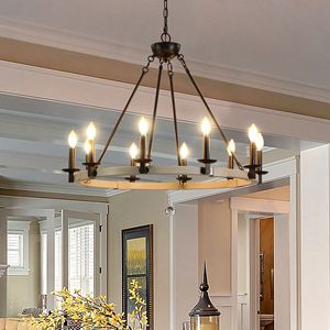 Lampadario Rustico a 10 Luci Stile Fattoria da 32 Pollici, Lampada a Sospensione in Metallo Nero e Legno per Sala da Pranzo e Soggiorno - Product Image 2
