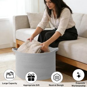 65L <b>Large</b> Woven Cotton Rope Nursery Basket, Laundry Basket Laundry Hamper with Handles,Blanket Basket Storage <b>Bin</b> - Product Image 2