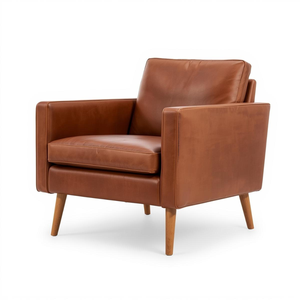 Sillón de Cuero Marrón Cognac de Lujo con Patas de Madera Maciza, Silla de Estilo Mid-Century para Sala de Estar, Oficina o Salón - Product Image 1