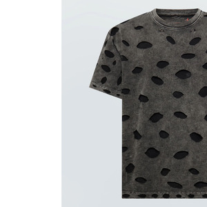 Vintage Hollow Knitted Oversized Solid Anti-Wrinkle <b>T</b>-Shirt Ripped Men Crewneck Short Sleeve Distressed 100% Cotton Summer - Product Image 2