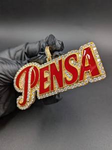 Pendentif PENSA personnalisable avec nom, en moissanite et émail rouge, pour fête, rappeur, hip-hop, en argent sterling 925, bijoux fins, pendentifs et breloques - Product Image 5