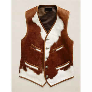 Gilet en cuir véritable et toile, couleur personnalisée unique, finition en fourrure, col rond, fermeture boutonnée, quatre poches, vêtement d'extérieur - Product Image 6