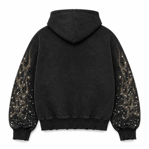 Sudadera con capucha negra personalizada con cremallera, efecto desgastado, bordado de estrella de diamantes de imitación y estampado de llamas, estilo urbano, unisex - Product Image 2