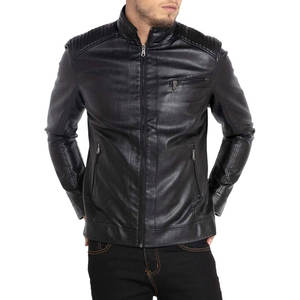 Chaqueta de cuero genuino con cremallera para hombre, abrigo de invierno con logo frontal, cuello mandarín, estilo casual ajustado. - Product Image 4