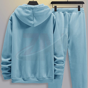Men's Light <b>Blue</b> Hooded Tracksuit Set Full Sleeve Solid Color Casual Wear Autumn Style With Drawstring Pockets Regular Fit - Product Image 2