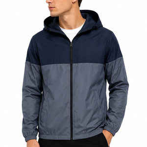 Veste coupe-vent à capuche pour homme, très demandée, color block bleu marine et gris, fermeture éclair, décontractée, pour le sport et les activités de plein air - Product Image 1