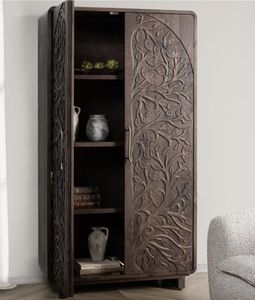 Luxury Handcrafted Solid Wood 2 Door <b>Wardrobe</b> Ornate Tree Branch Carving Premium Espresso Finish - Product Image 4